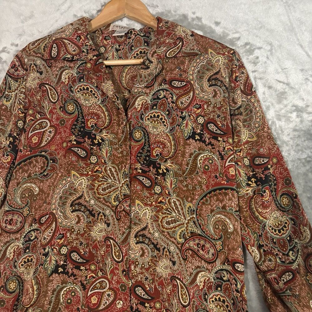Notations Petite Blouse PM Multicolor Paisley Button Up Shoulder Pads Retro Boho
